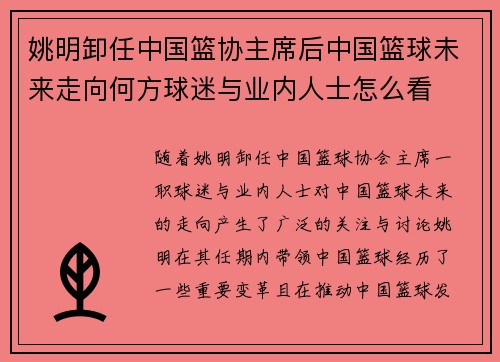 姚明卸任中国篮协主席后中国篮球未来走向何方球迷与业内人士怎么看